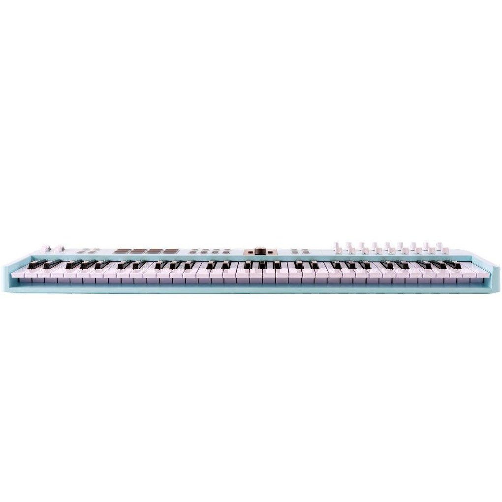 Arturia KeyLab Essential 61 MK3 MIDI keyboard with 61 keys, control knobs, and sliders for music production and performance.