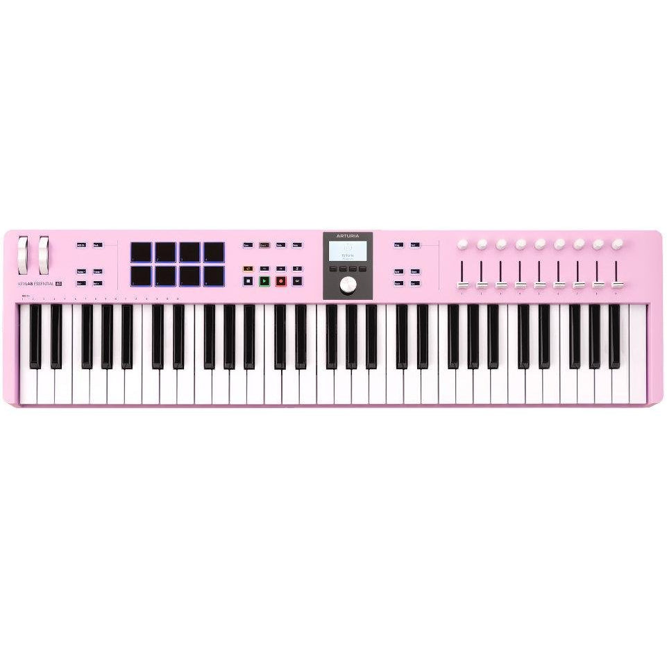 Arturia KeyLab Essential 61 MK3 MIDI keyboard with 61 keys, control knobs, and integration features for music production.