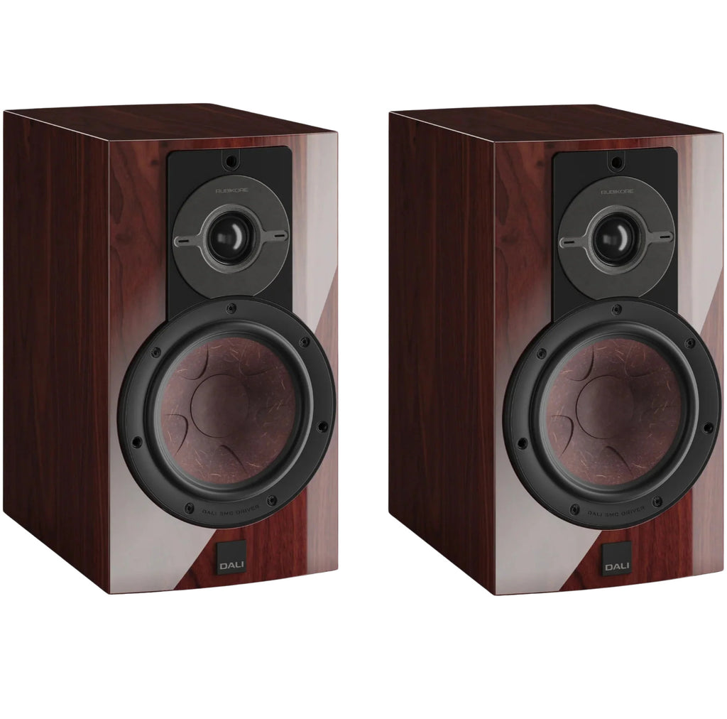 DALI Dali Rubikore 2 passive bookshelf speakers with black cabinets and front grille, designed for high-quality home audio.