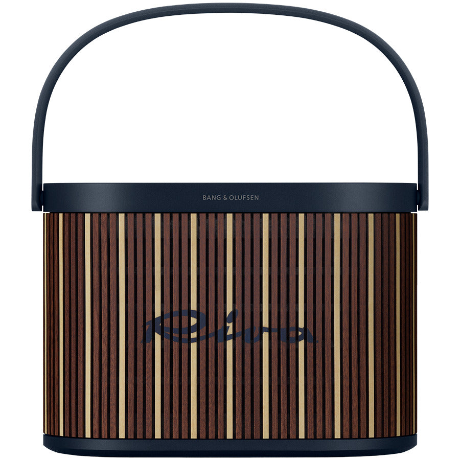 Bang & Olufsen Beosound A5 Riva Edition portable speaker showing its sleek design and fabric-covered exterior.