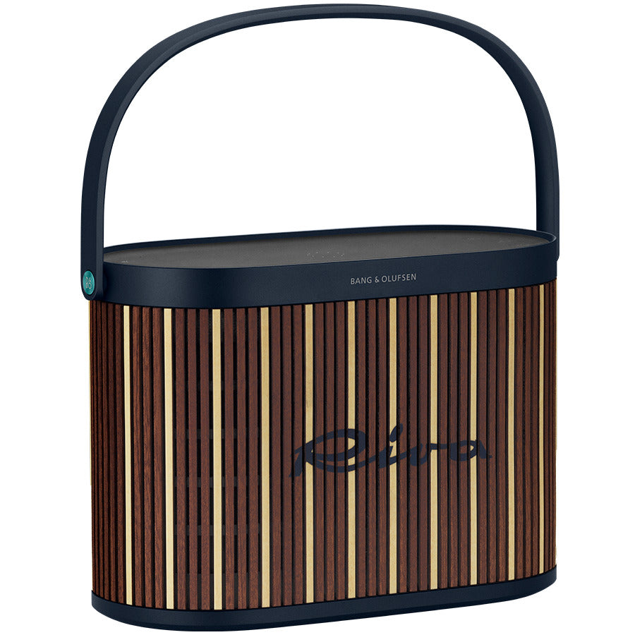 Bang & Olufsen Beosound A5 Riva Edition portable speaker with sleek design and fabric grille, showcasing its premium audio equipment.
