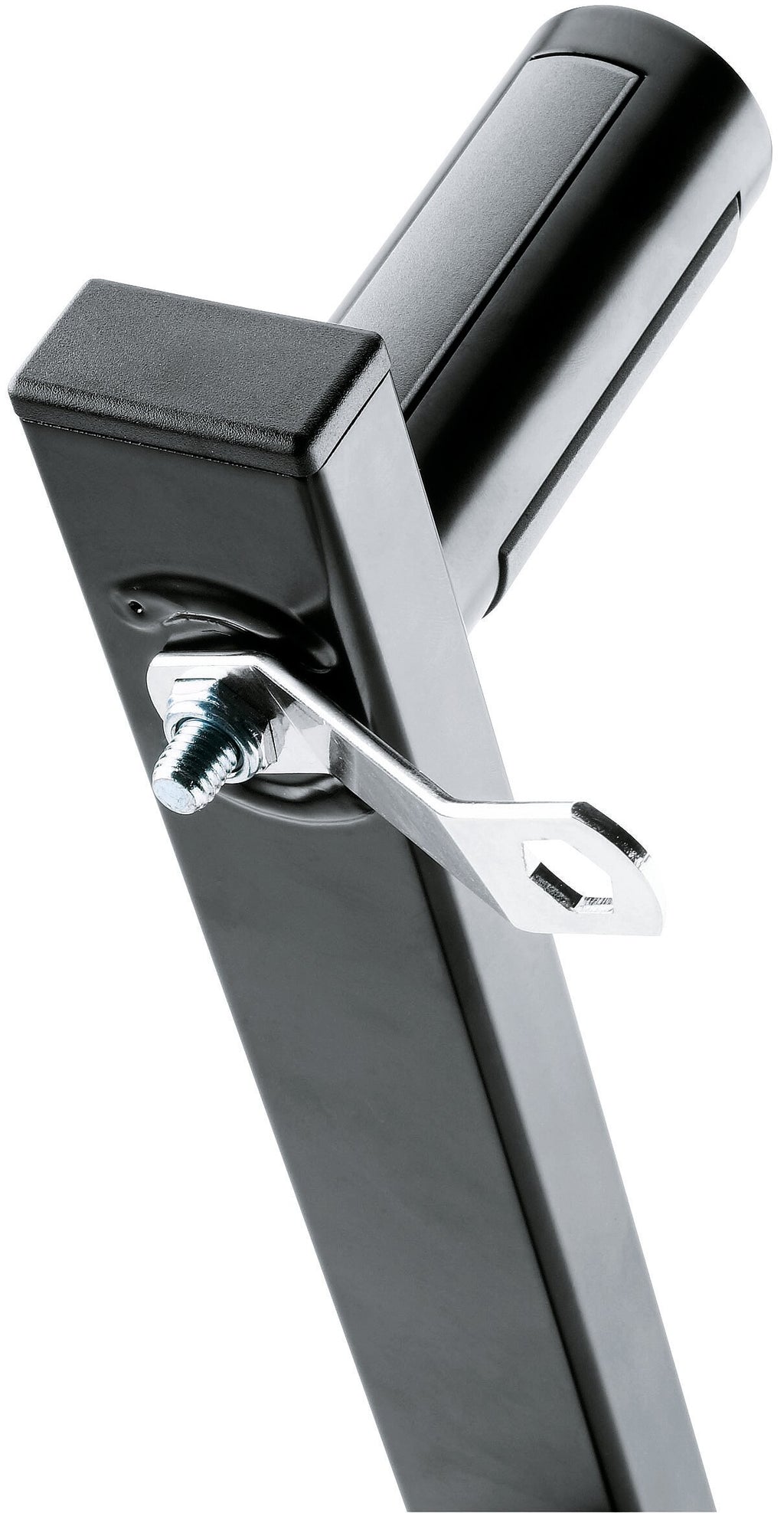 K&M 24110 speaker stands with adjustable height and black finish, designed to support professional audio speakers.