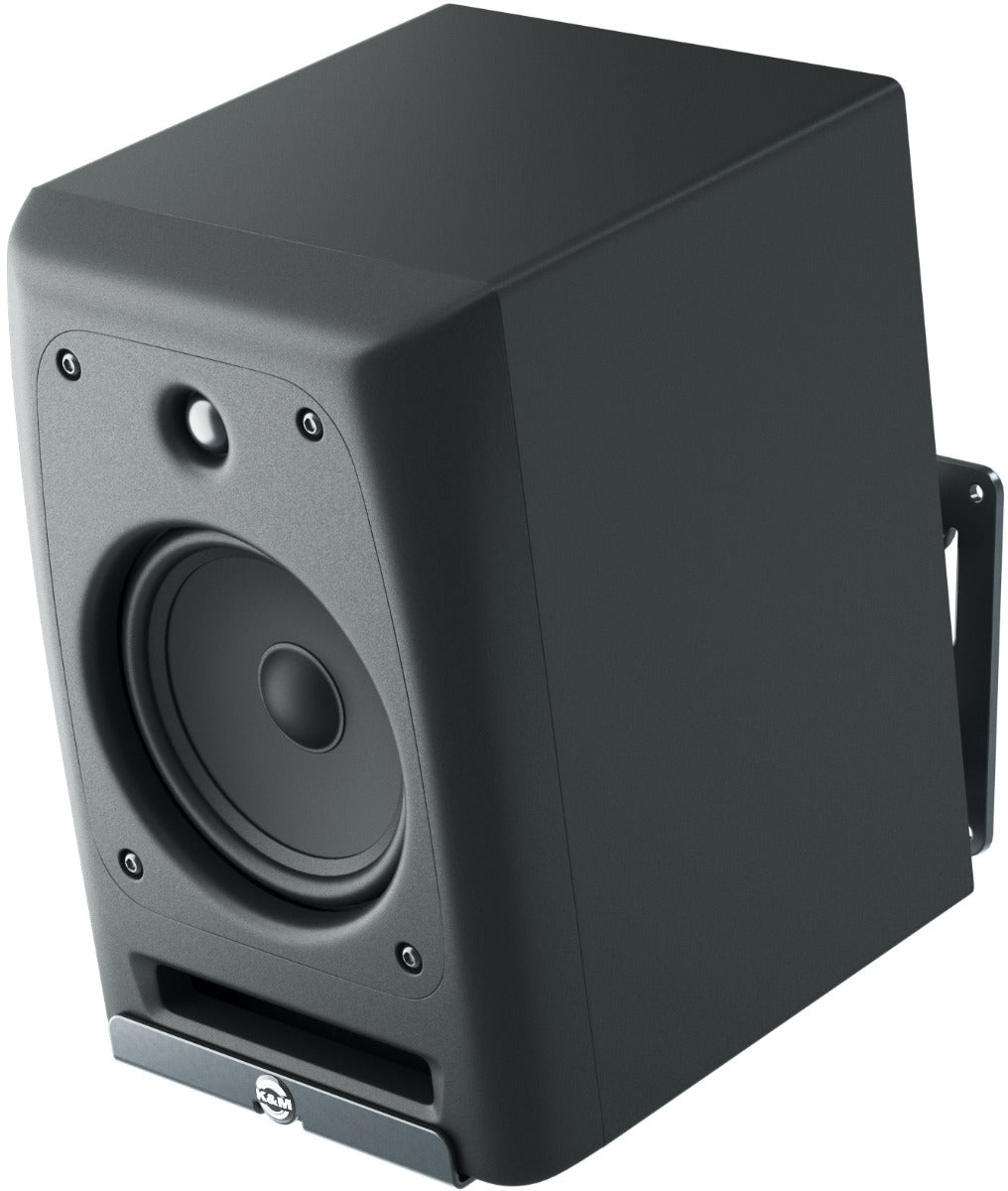 K&M 24167 speaker wall mount for studio monitors, black metal bracket with adjustable arm and mounting hardware details.