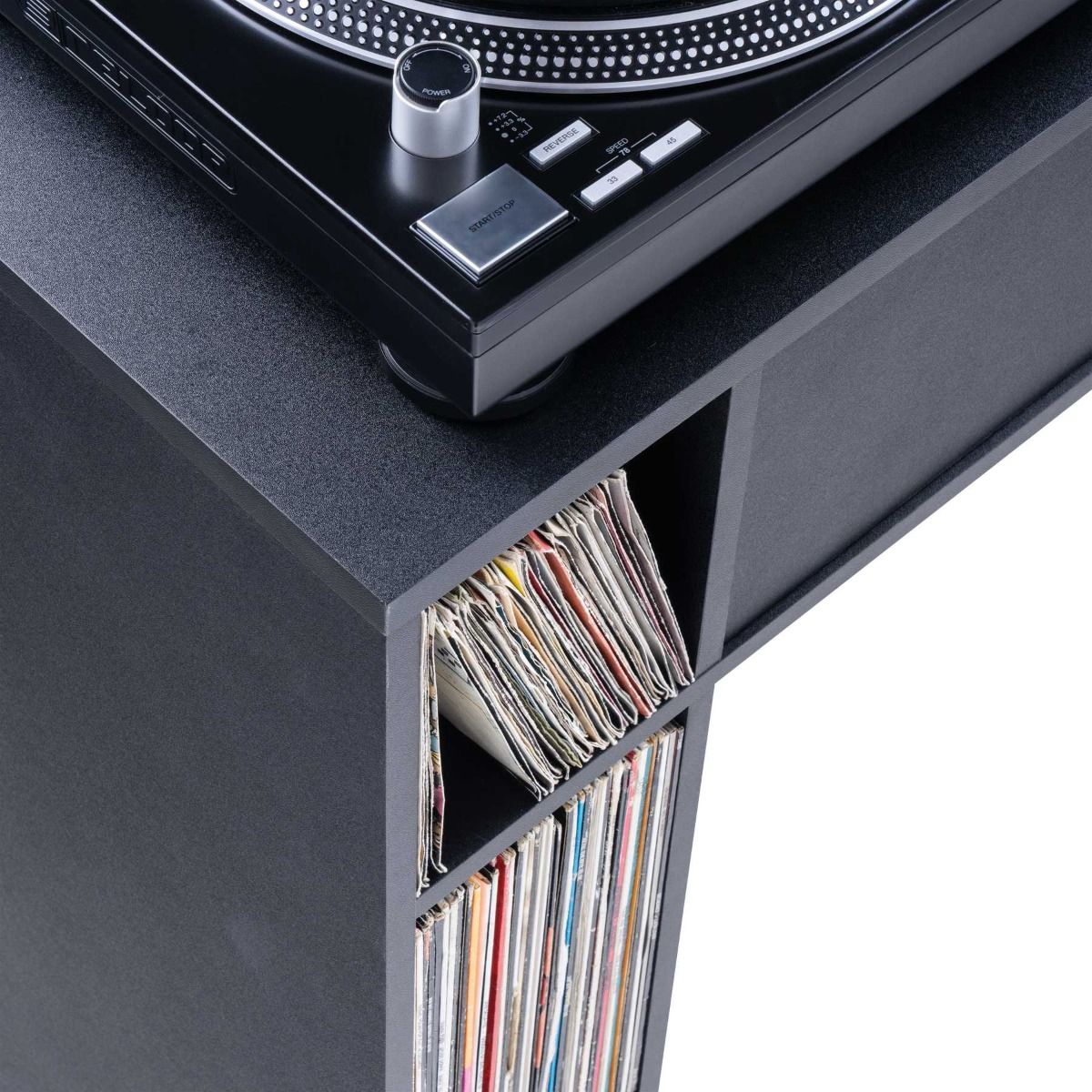 Glorious Modular Mix Station DJ table with sleek black surface and sturdy metal frame, ideal for professional music mixing setups.