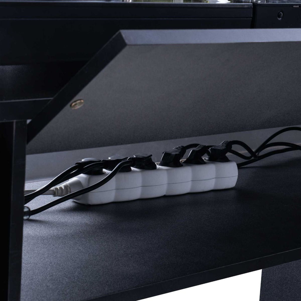 Glorious Modular Mix Station DJ table with sleek black surface and adjustable components for professional music setup.