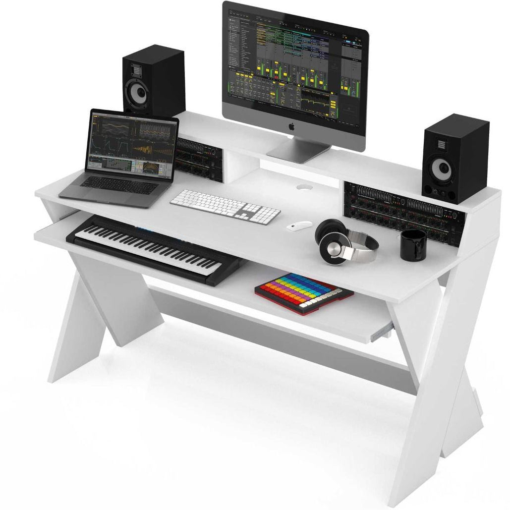 Glorious Sound Desk Pro studio furniture with a sleek wooden surface and adjustable metal legs for music production setup.