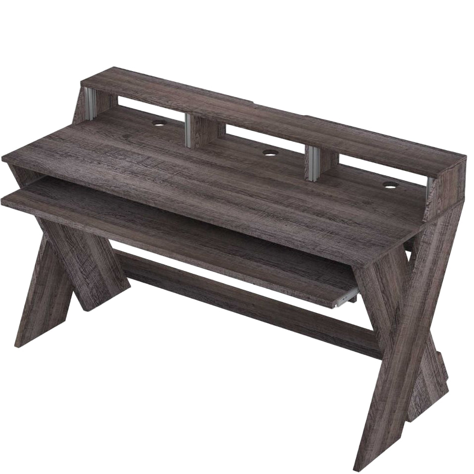 Glorious Sound Desk Pro studio furniture with a sleek wooden surface and adjustable metal legs for professional music production.