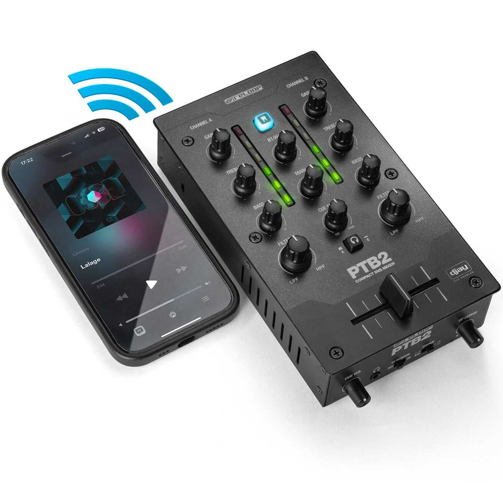 Reloop PTB-2 DJ mixer with multiple knobs and faders, professional-grade audio equipment for mixing and DJing.
