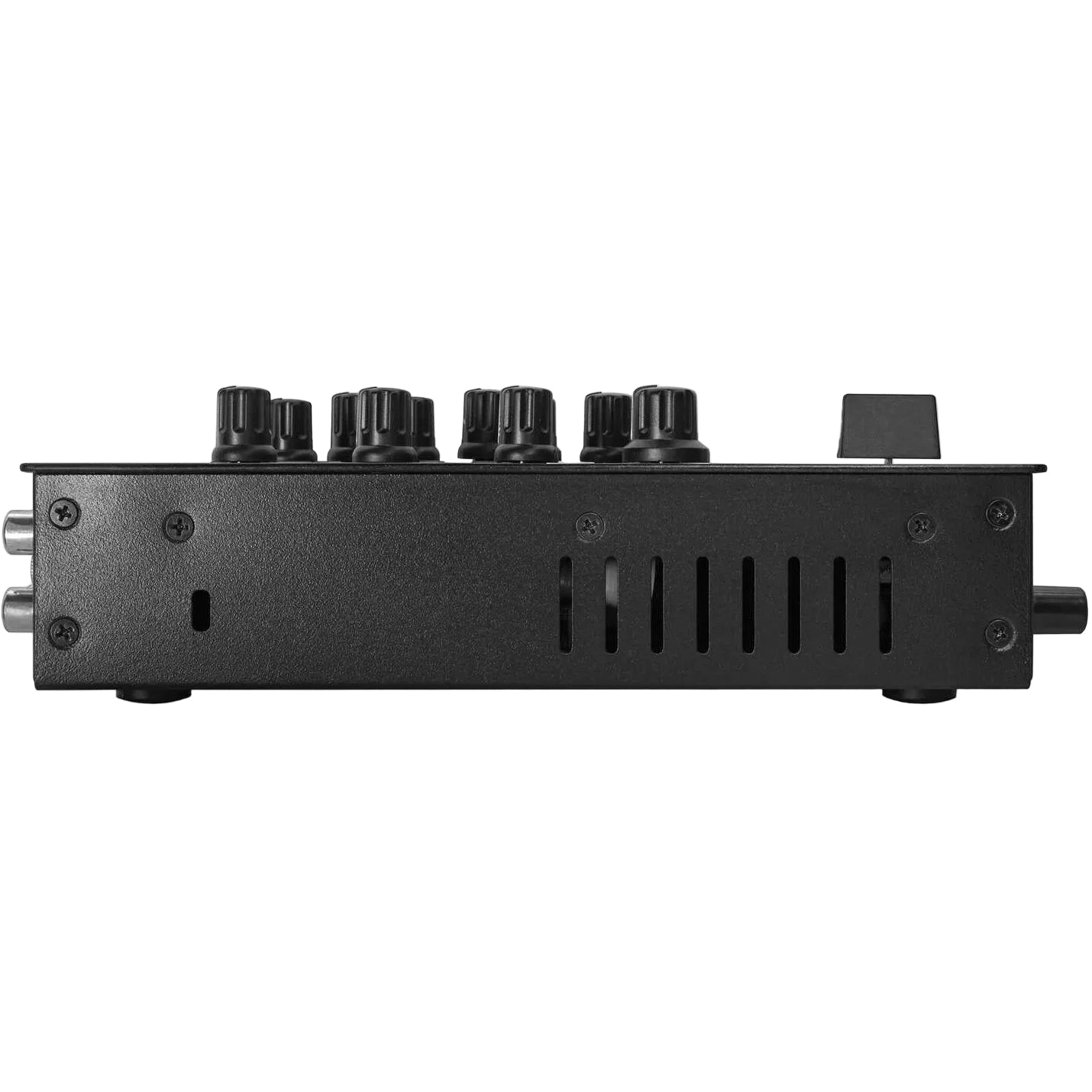 Reloop PTB-2 DJ mixer with multiple knobs, faders, and input ports, designed for professional DJ mixing and audio control.