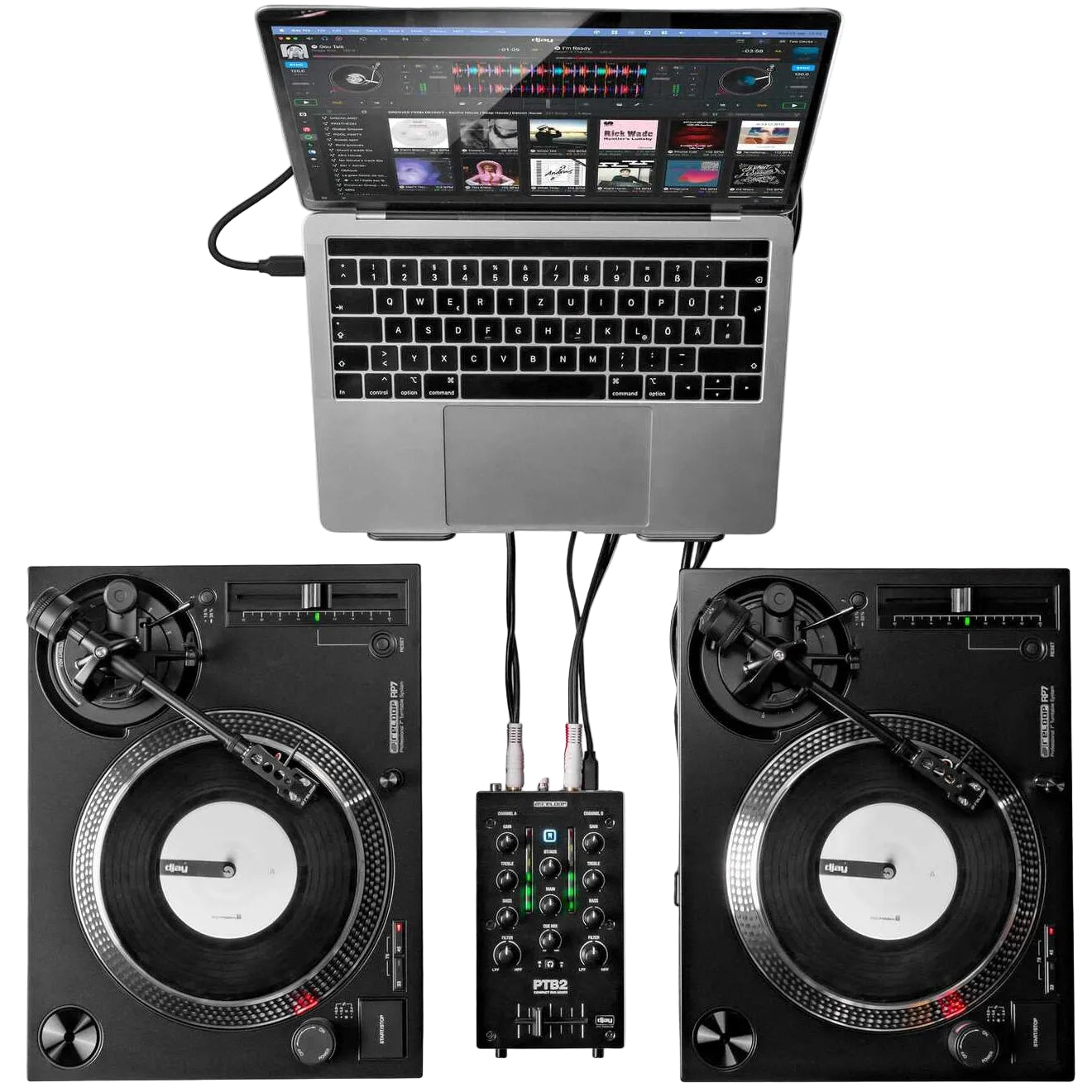 Reloop PTB-2 DJ mixer with multiple knobs, faders, and input ports, designed for professional DJ mixing and audio control.
