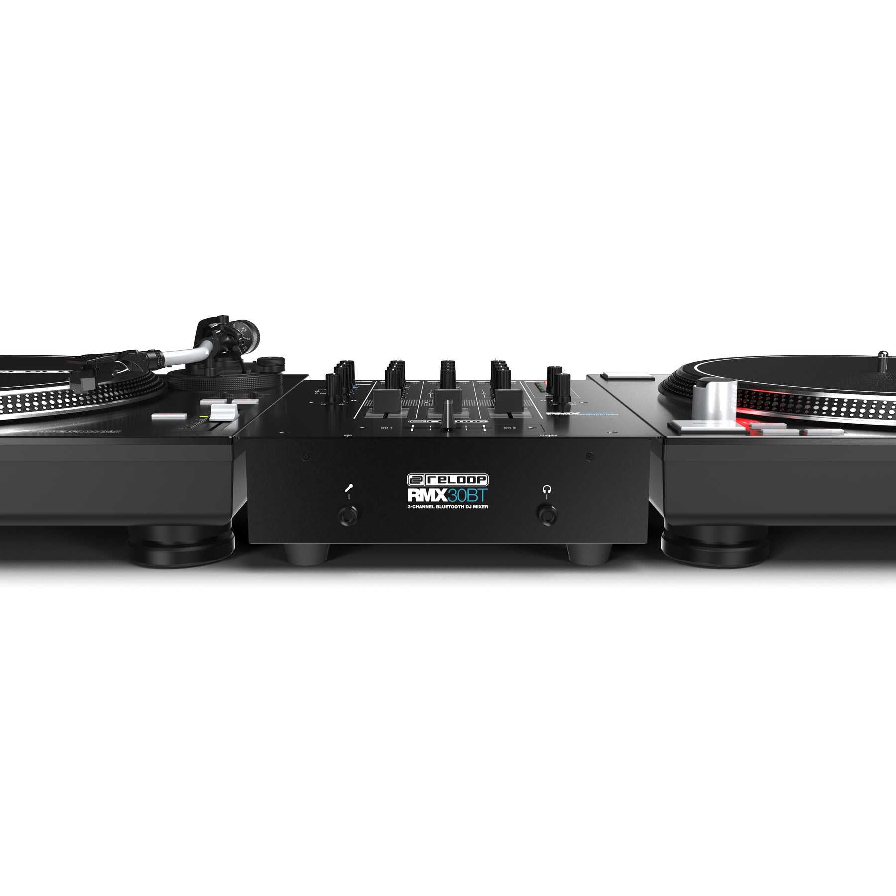 Reloop RMX-30 BT DJ mixer with multiple knobs, sliders, and Bluetooth connectivity for professional music mixing.
