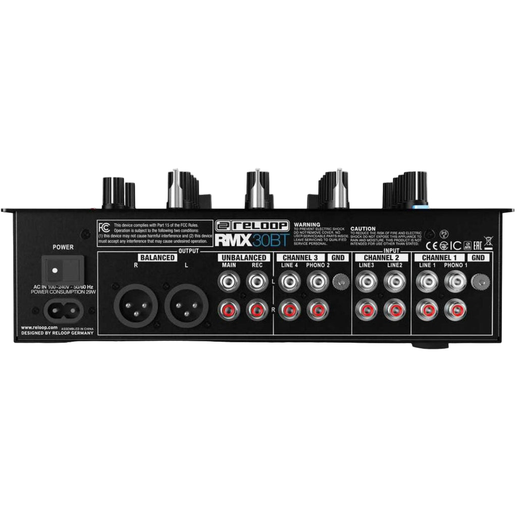 Reloop RMX-30 BT DJ mixer with dual channels, knobs, and Bluetooth connectivity, designed for professional DJ performances