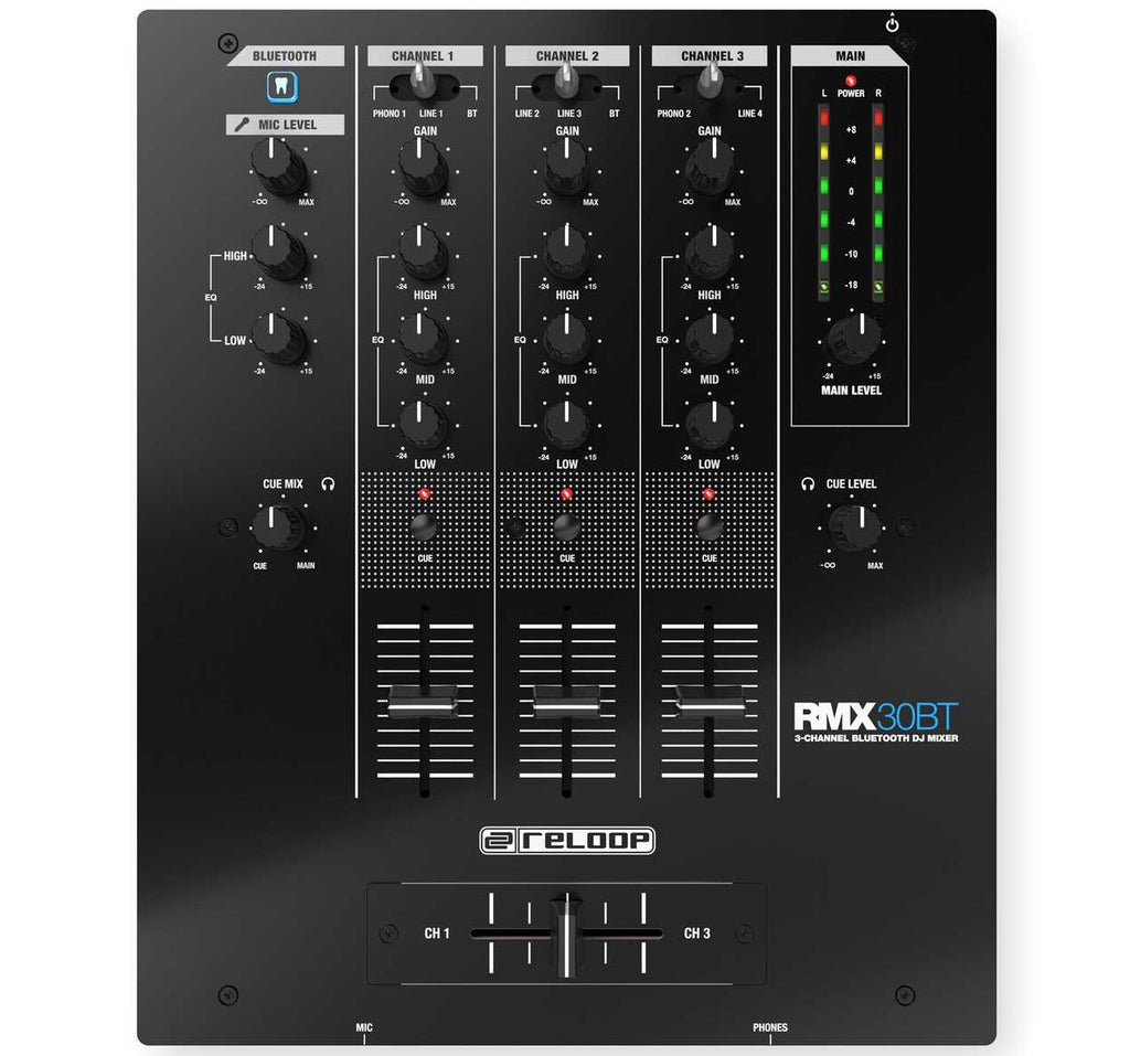 Reloop RMX-30 BT DJ mixer with multiple controls, knobs, and input ports for professional audio mixing.