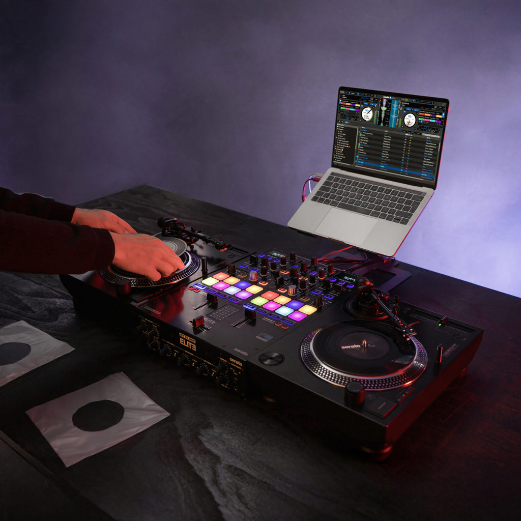 Reloop RP-7 DJ turntable with sleek design, featuring control buttons and tonearm for professional DJ mixing.