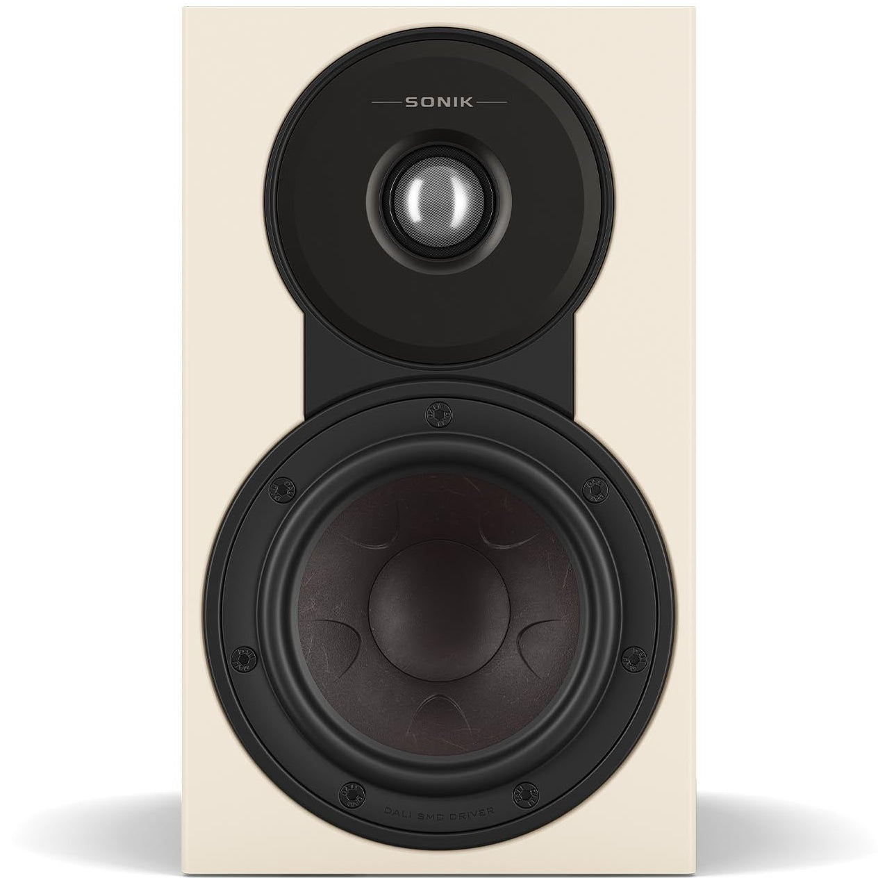 DALI Sonik 1 passive bookshelf speakers showing black woodgrain finish and compact design for home audio systems.