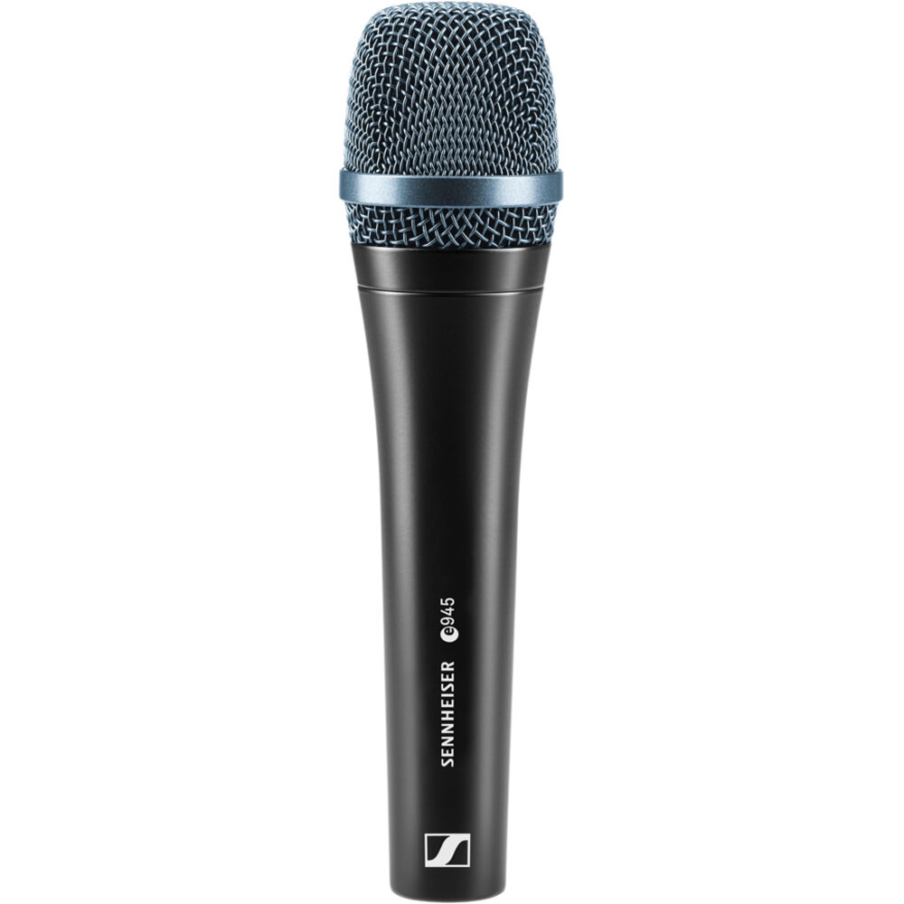 Sennheiser E 945 dynamic microphone with a black grille and body, ideal for live vocals and stage performances.