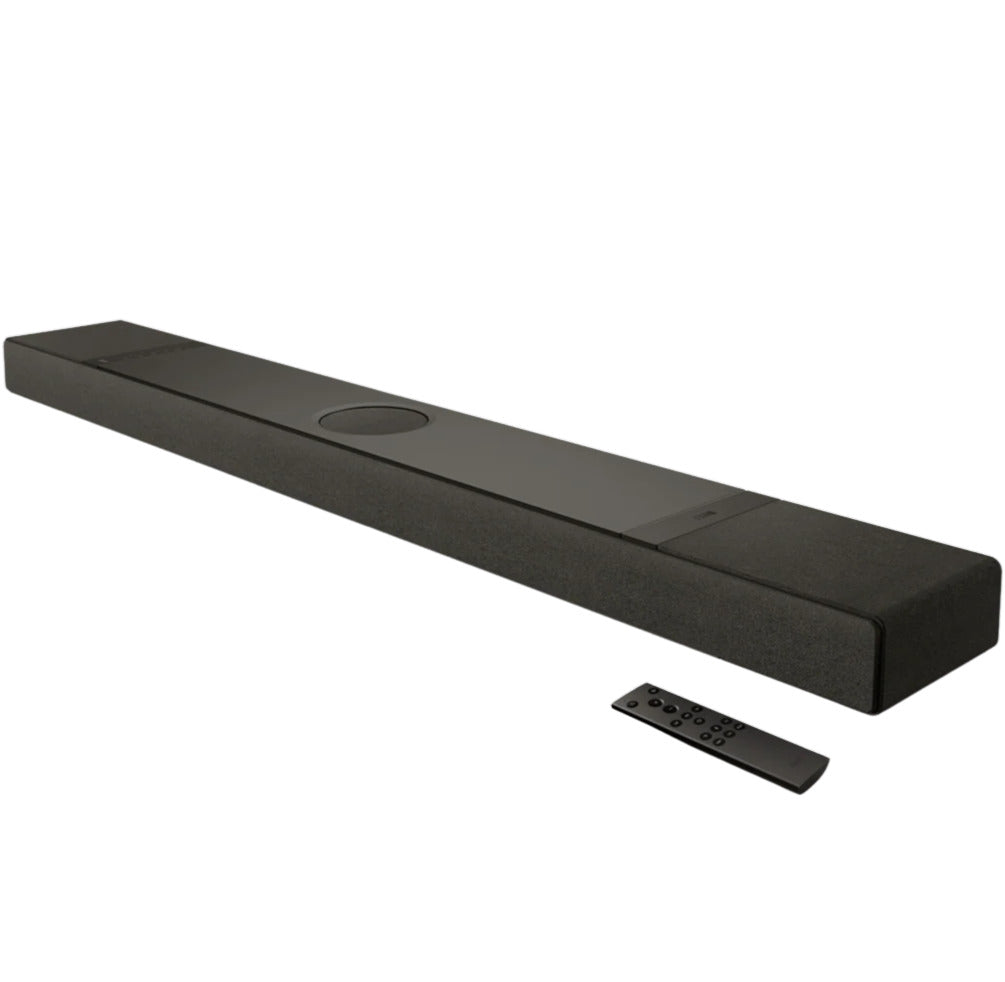 KEF XIO soundbar with sleek black design, featuring multiple speaker drivers for immersive TV audio.