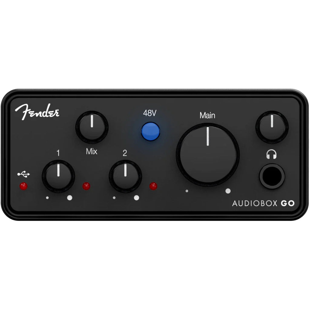 Fender AudioBox GO USB audio interface with compact design, input and output ports, and control knobs on a black surface.