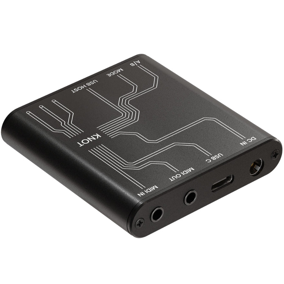 Intech Studio KNOT MIDI interface with multiple input and output ports, compact black design, connected to music equipment.