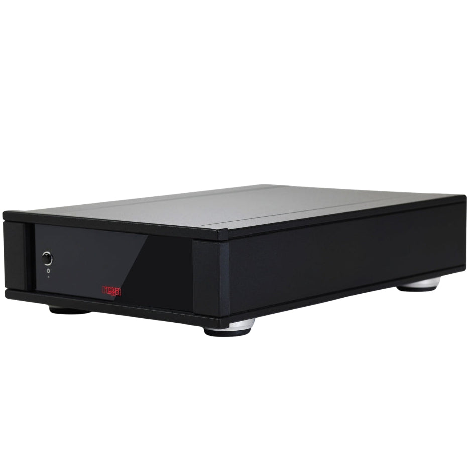 Rega AOS MC phono preamp with sleek black design and control knobs, used to improve turntable audio signal quality.