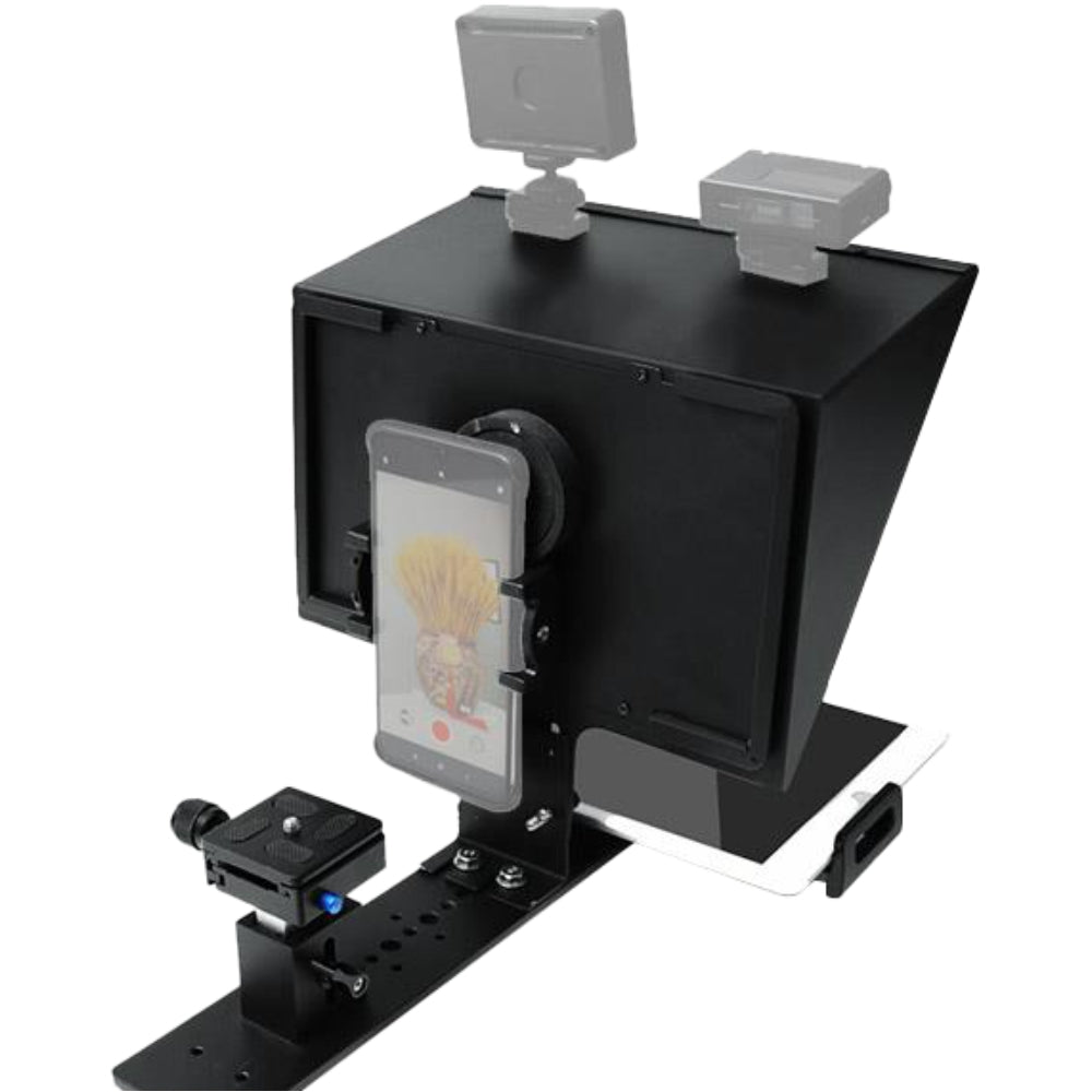 Feelworld TP13A teleprompter with sleek design and adjustable stand, ideal for video recording and broadcasting.