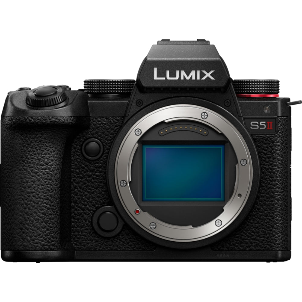 Panasonic Lumix S5M2 video camera with lens and digital controls, suitable for professional filmmaking and high-quality video recording.