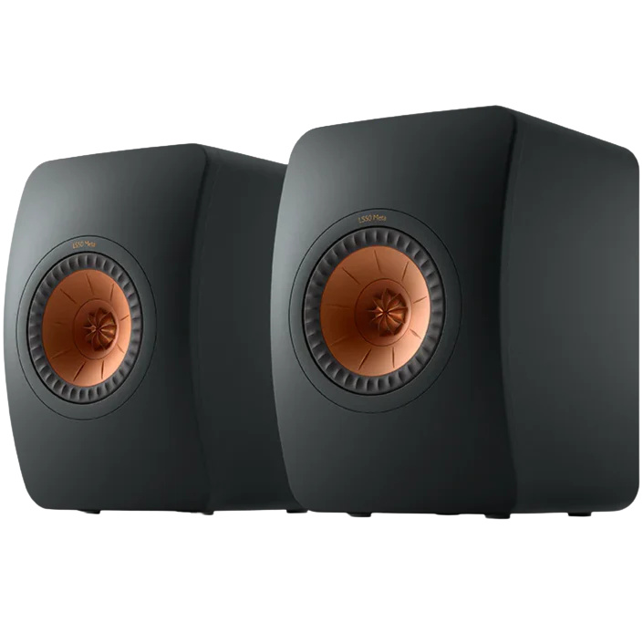 KEF LS50 Meta passive bookshelf speakers with sleek black cabinets and silver drivers, designed for high-quality audio.