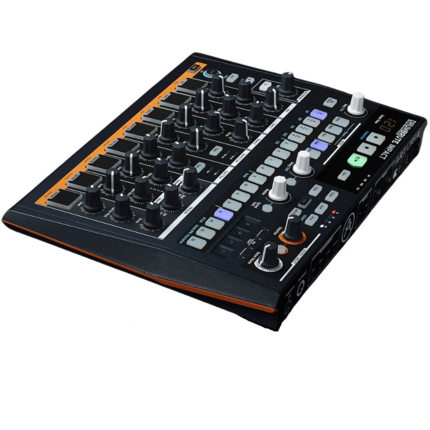 Arturia DrumBrute Impact drum machine with colorful pads and control knobs, designed for electronic music production.