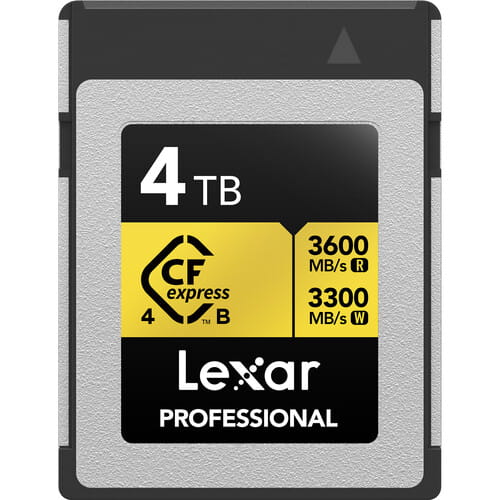 Lexar CFexpress 4.0 Pro Gold memory card with R3600/W3300 transfer speeds, shown in a close-up image highlighting its design.