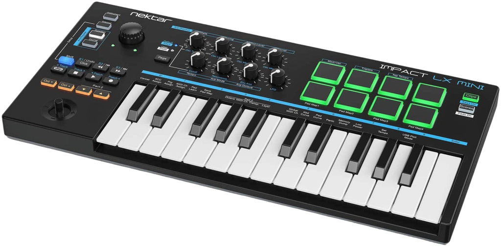 Nektar Impact LX Mini MIDI keyboard with compact design, right side view showing keys and control knobs.