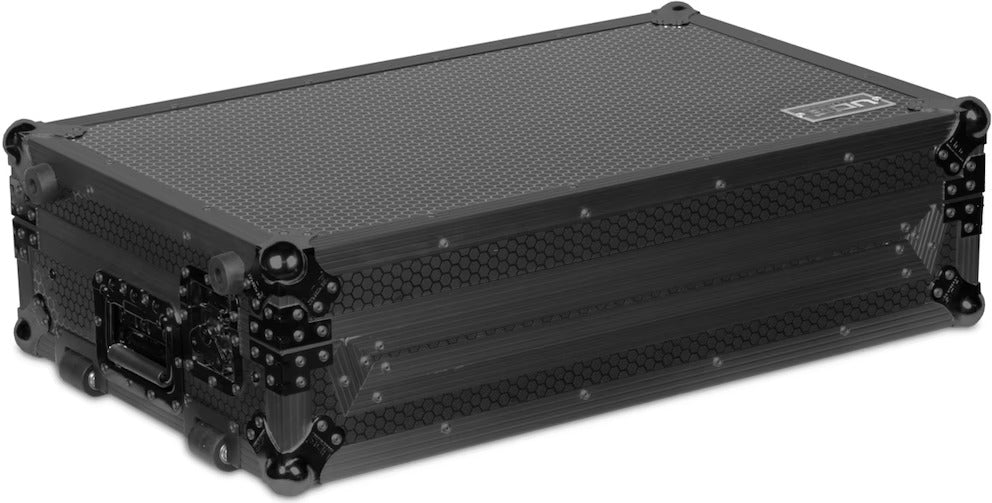 UDG Ultimate Flight Case for Pioneer DDJ-REV7 DJ controller with laptop shelf and wheels in black.