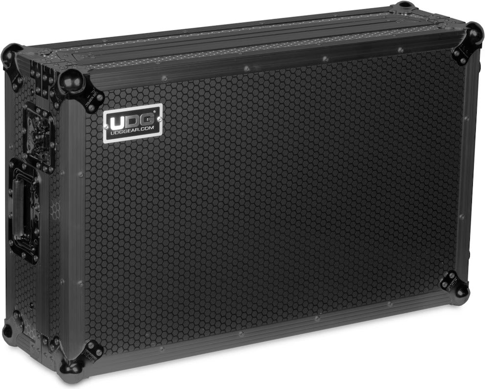 UDG Ultimate Flight Case for Pioneer DDJ-REV7 DJ controller with laptop shelf and wheels in black, durable protective design.