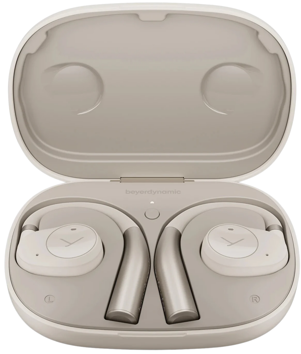 Beyerdynamic Verio 200 wireless in-ear headphones with black earbuds and inline remote, resting on a white surface.