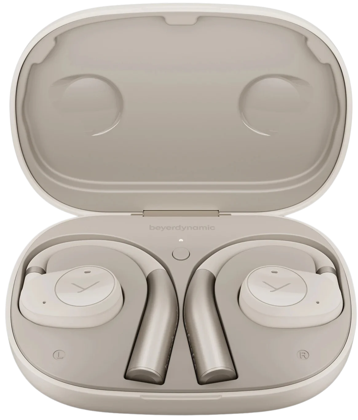 Beyerdynamic Verio 200 wireless in-ear headphones with black earbuds and inline remote, resting on a white surface.