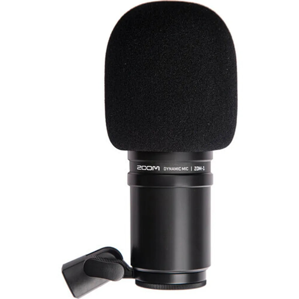 Zoom ZDM-1 dynamic microphone shown with its cylindrical body and grille, ideal for live performances and studio recording.