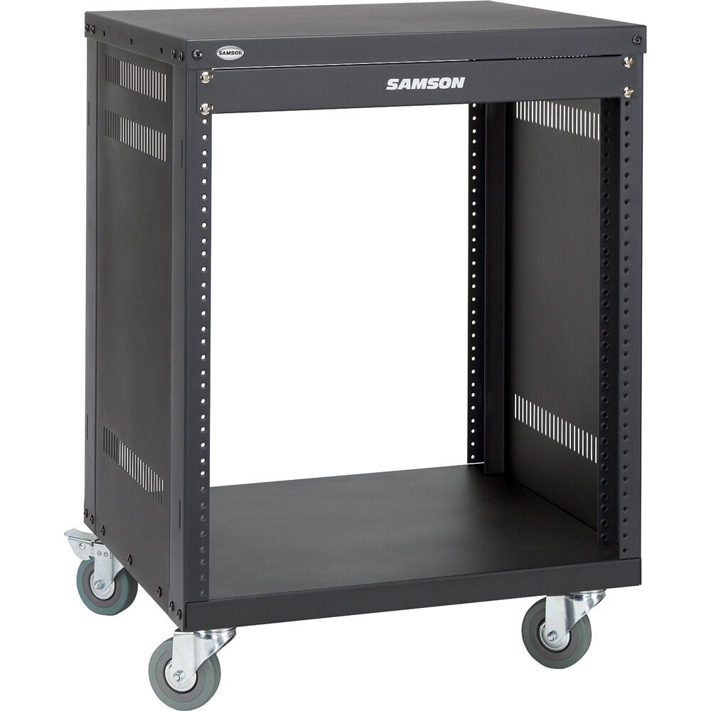 Samson SRK12 Metal Rack 12U in black, showing sturdy rackmount case with side handles for audio or equipment storage.