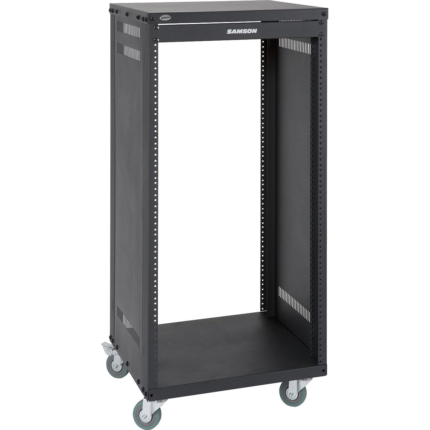 Samson SRK21 Metal Rack 21U in black, sturdy rackmount case with handles, designed for professional audio and equipment storage.