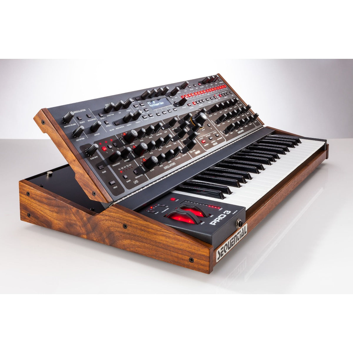 Sequential Pro 3 Special Edition synthesizer shown from the left side with control knobs and display screen.