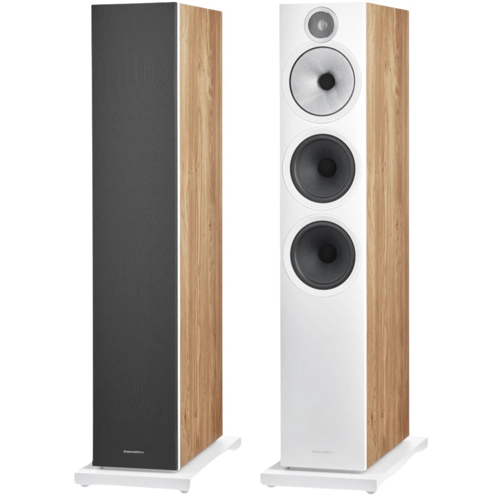 Bowers & Wilkins 603 S3 passive floorstanding speakers with black speaker grilles and wooden cabinet finish.