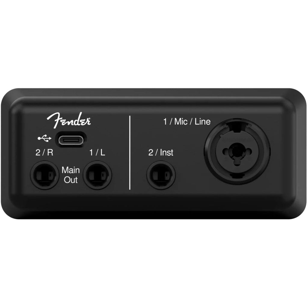 Fender AudioBox GO USB audio interface with input and output ports, compact design, and control knobs on a black surface.
