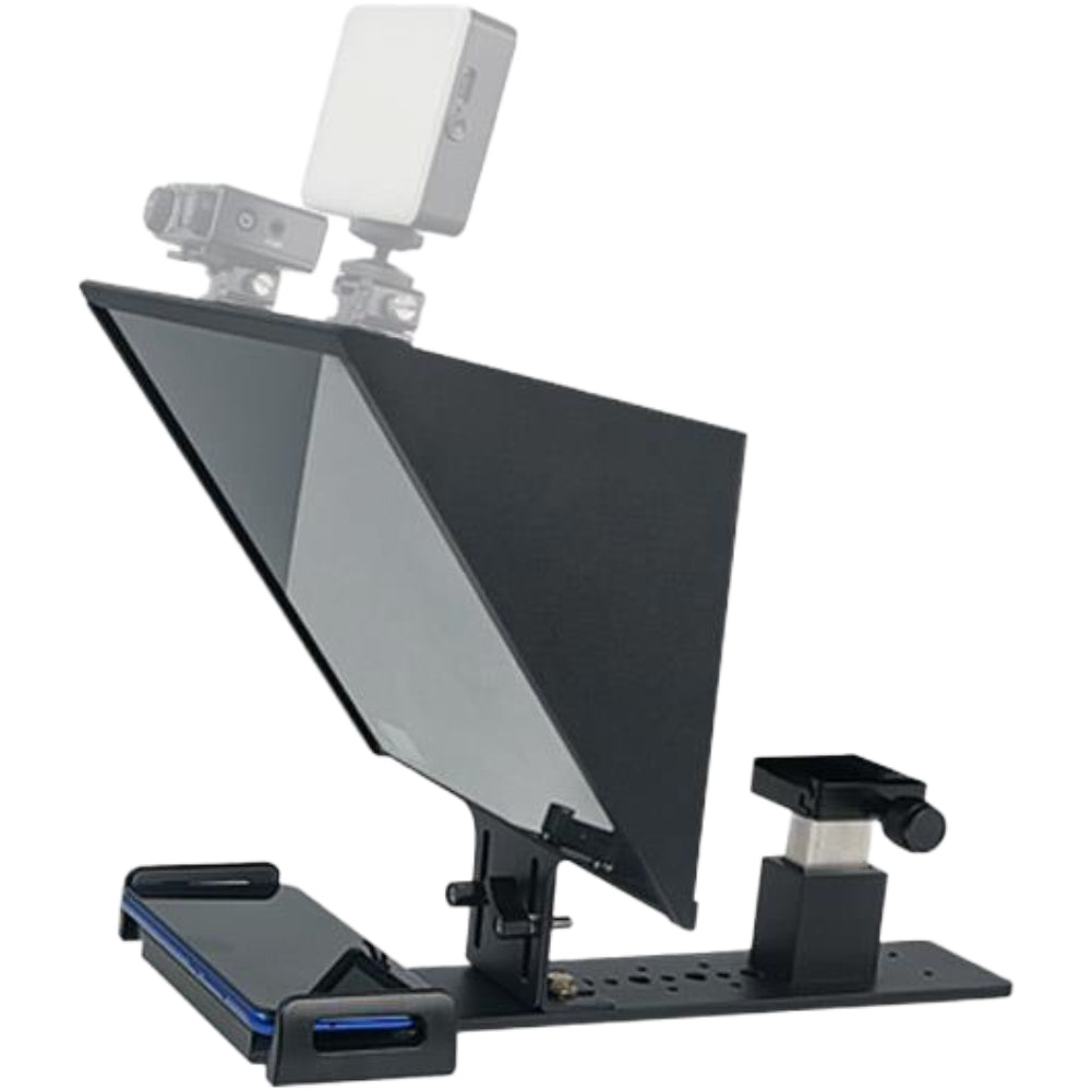 Feelworld TP13A teleprompter showing a sleek black device with a reflective screen and mounting accessories for video recording.