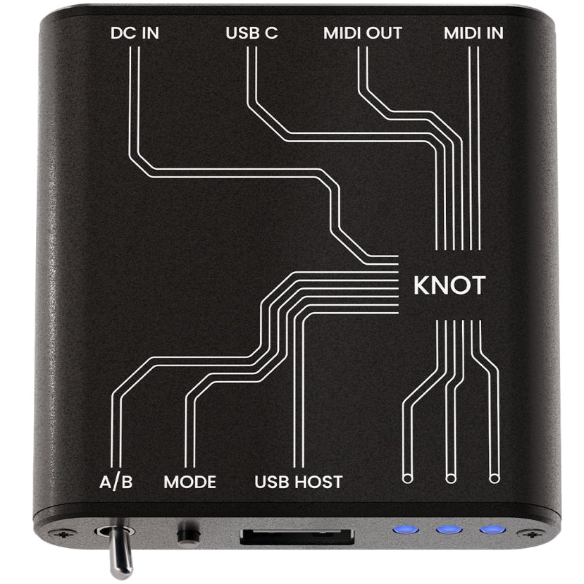 Intech Studio KNOT MIDI interface with multiple input and output ports for connecting musical devices and controllers.