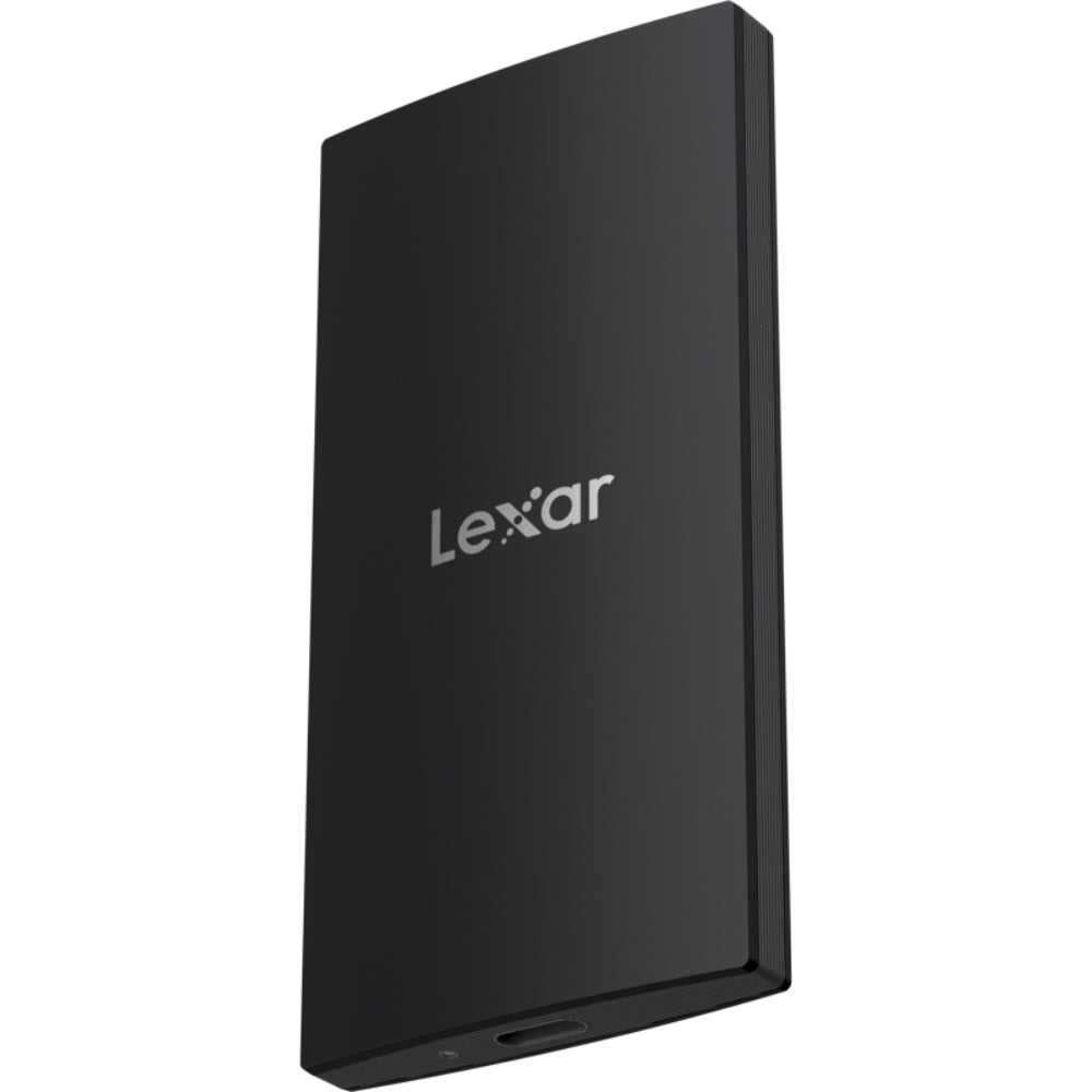 Lexar SL300 Portable SSD external drive with sleek design and metal casing, connected via USB-C port.