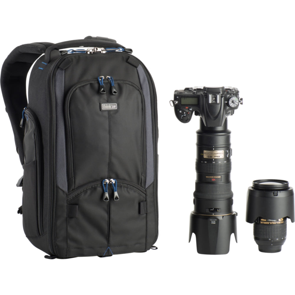 Think Tank StreetWalker V2.0 video equipment bag showing padded compartments and durable black fabric for camera gear storage.