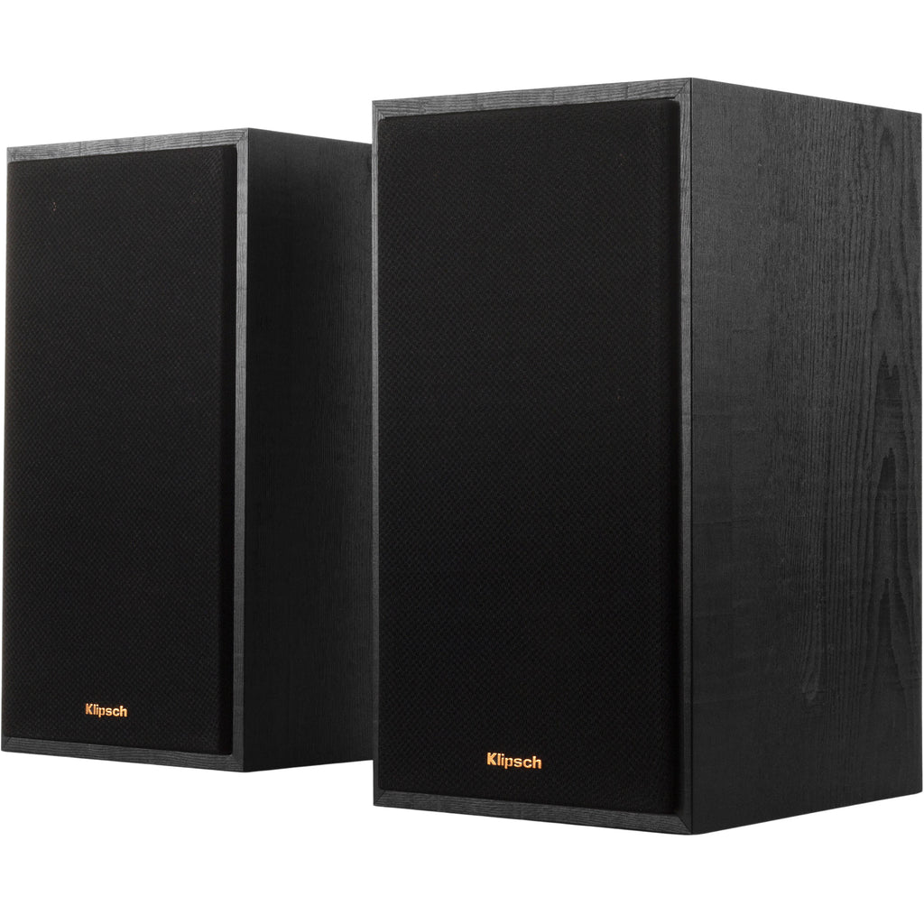 Klipsch R-51PM active bookshelf speakers with black wood finish and front control panel, designed for home audio setup.