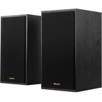 Klipsch R-51PM active bookshelf speakers with black wood finish and front control panel, designed for home audio setup.