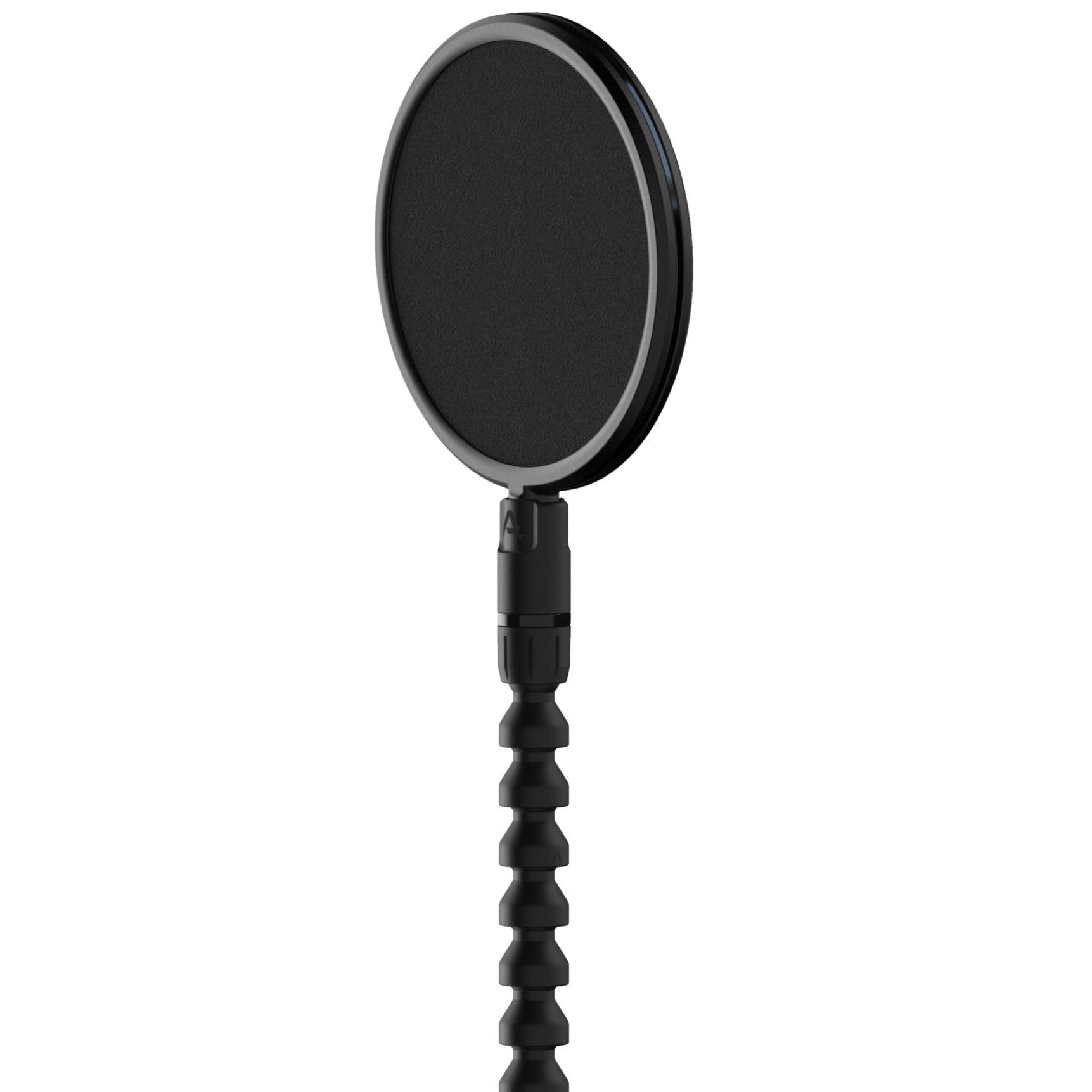 Pop Audio studio set with three microphone pop filters featuring black cloth covers for reducing plosive sounds during recording.