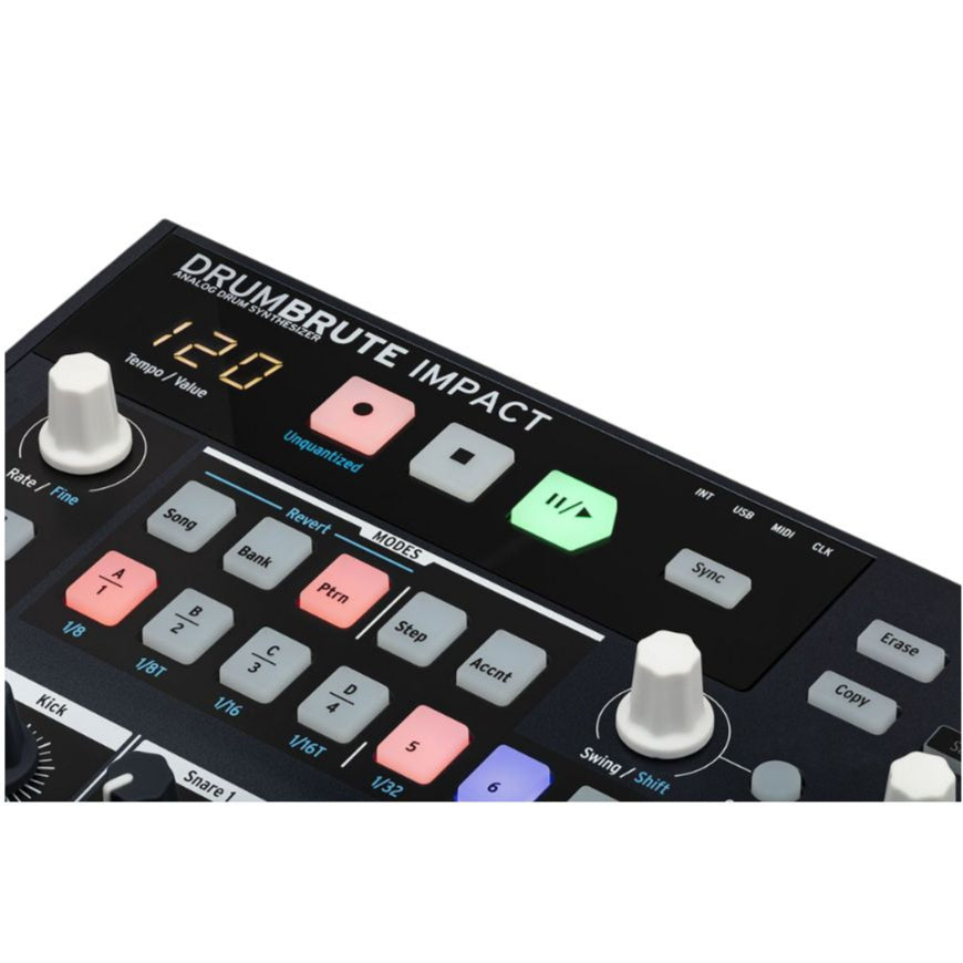 Arturia DrumBrute Impact drum machine with colorful pads and control knobs, designed for electronic music production.