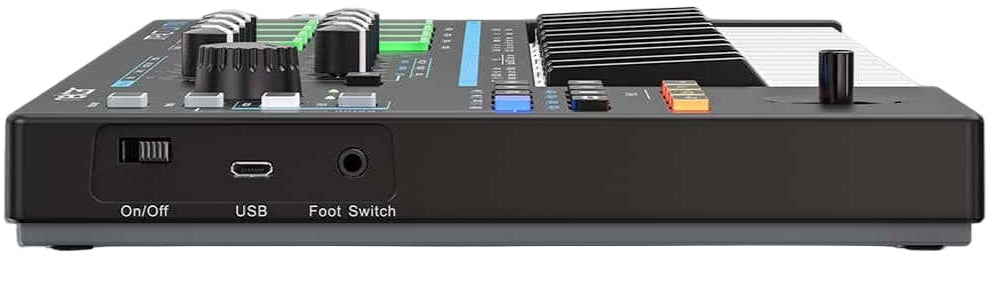 Nektar Impact LX Mini midi keyboard with compact design, side view showing black keys and control knobs.