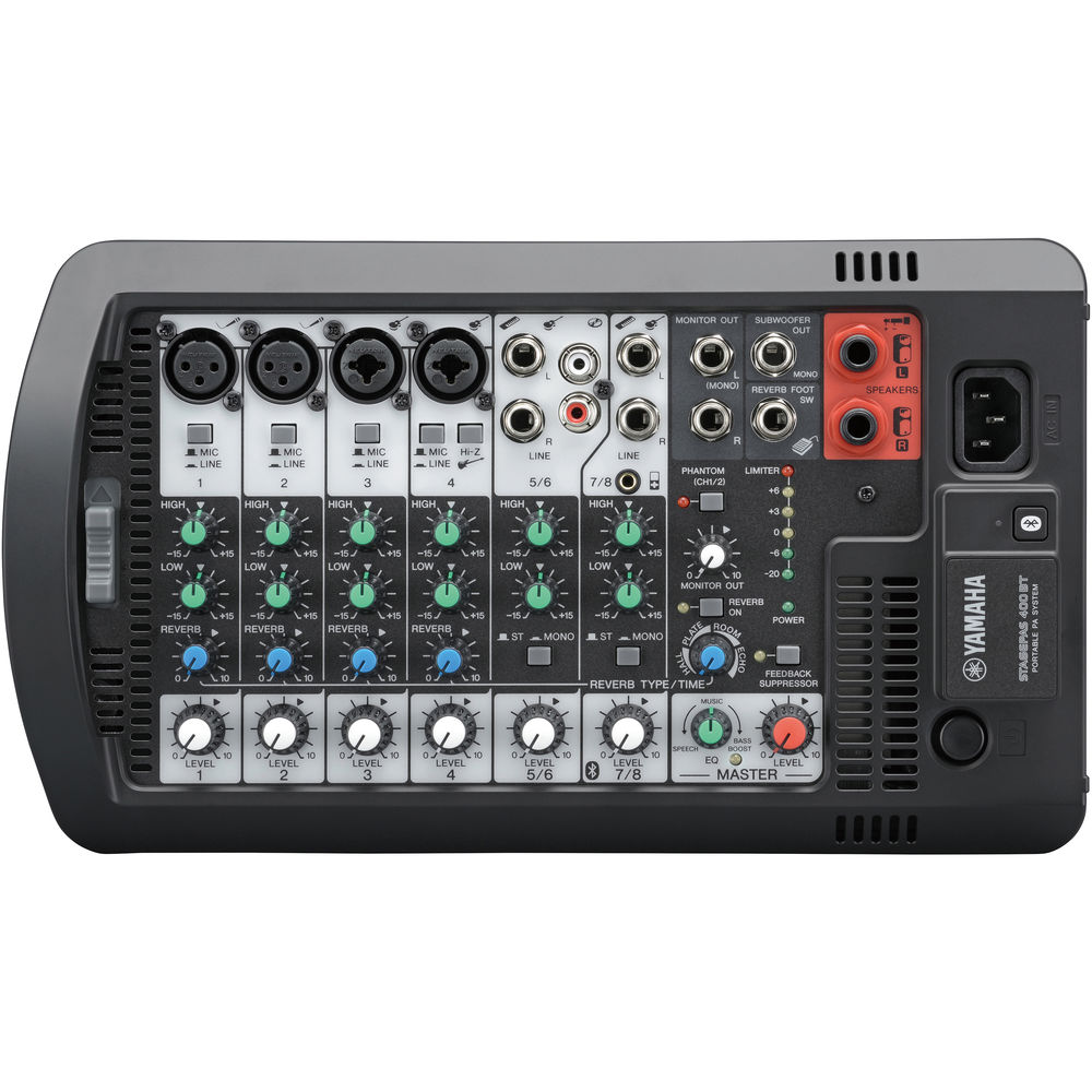 Yamaha Stagepas 400BT portable PA speaker system with built-in Bluetooth, compact design, and multiple input options.